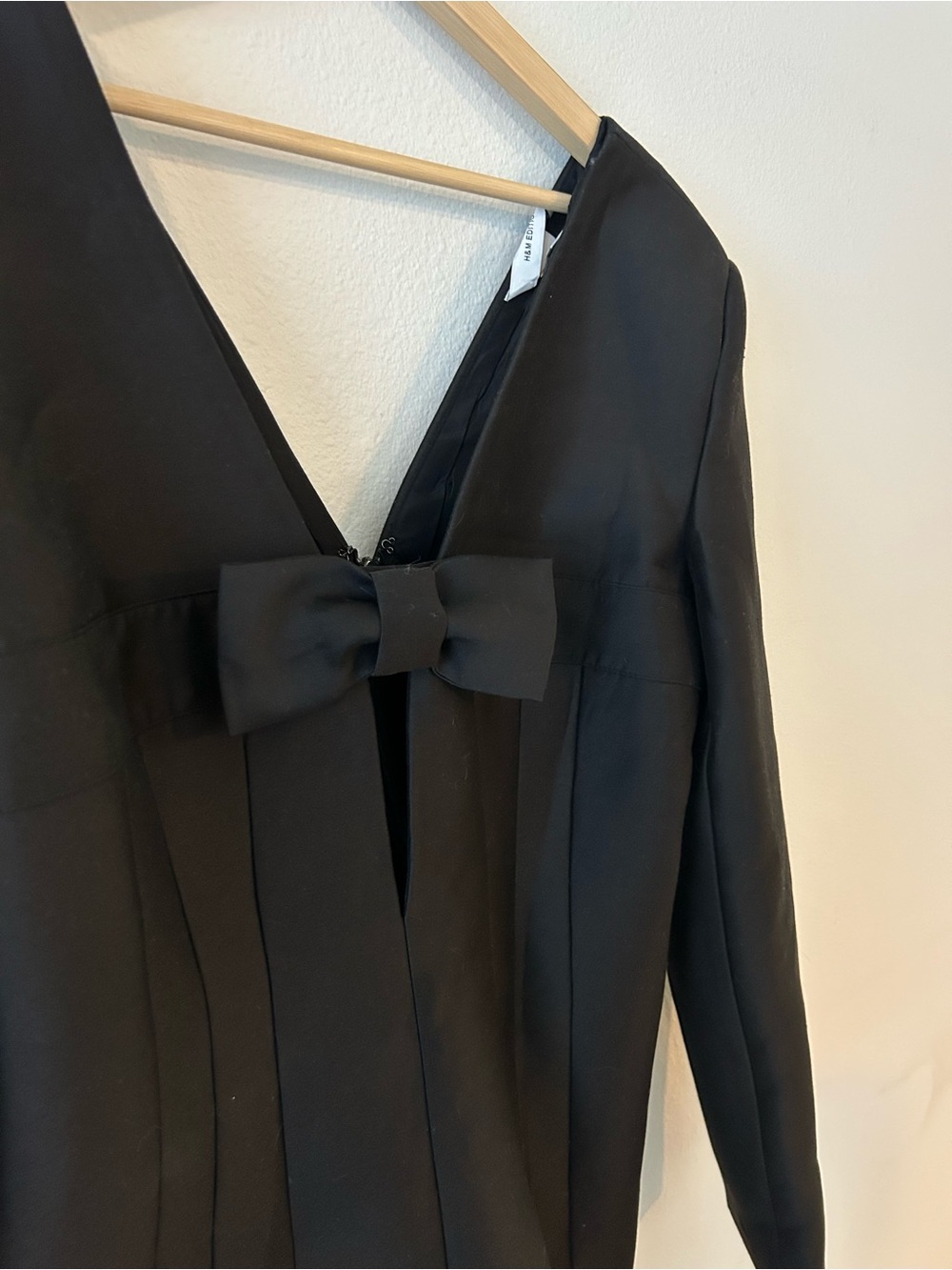 H&M Edition Black Bow Mini Dress Long Sleeve Deep V Tailored Size M - Picture 5 of 6